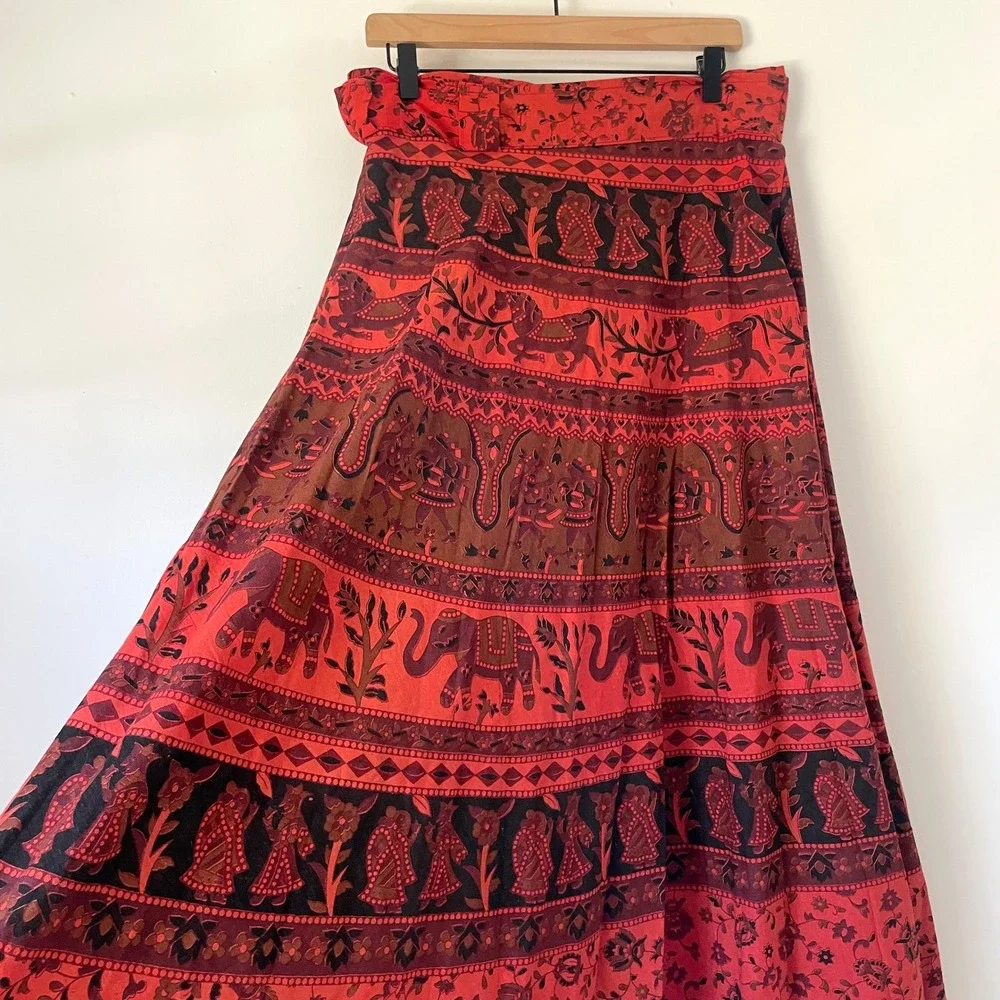 Red Boho Wrap Maxi Skirt L-XL Cotton Festival Hippie Ethnic Eclectic Elephant